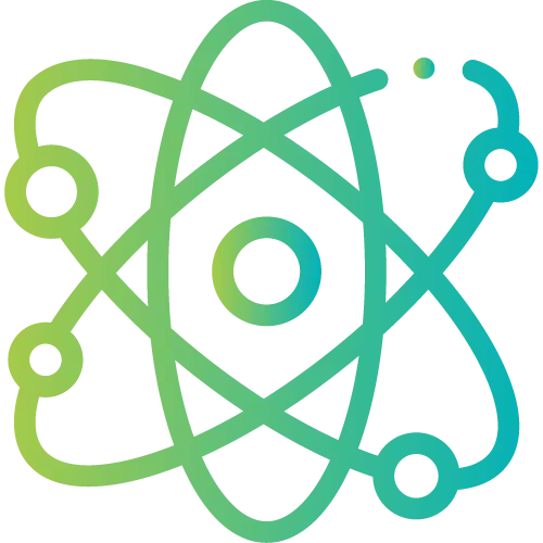 A stylized icon of an atom with a central nucleus and three elliptical orbits, each with a small circle representing electrons. The green and blue lines evoke a modern approach to Science Tuition.