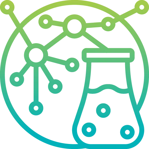 A gradient line illustration of a chemical flask with liquid and bubbles, next to a molecular structure diagram inside a circular frame, perfect for promoting Science Tuition.