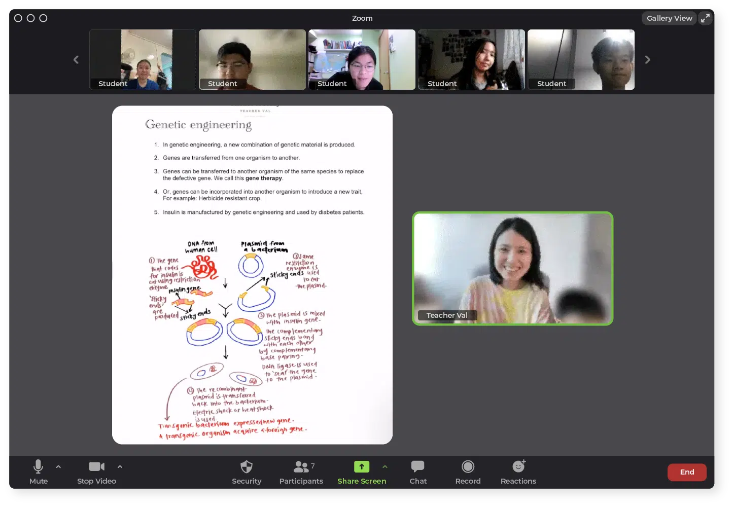 A Zoom class is in session. Several students' video feeds are visible at the top, with a teacher presenting a slide on genetic engineering and related diagrams.