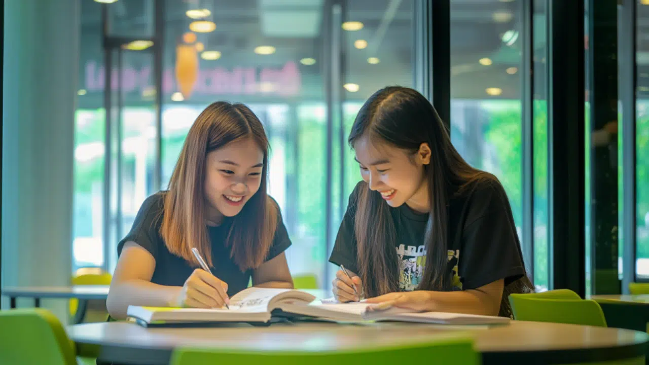 Two young women sitting at a table in a well-lit room, smiling and studying together with open books and notebooks.