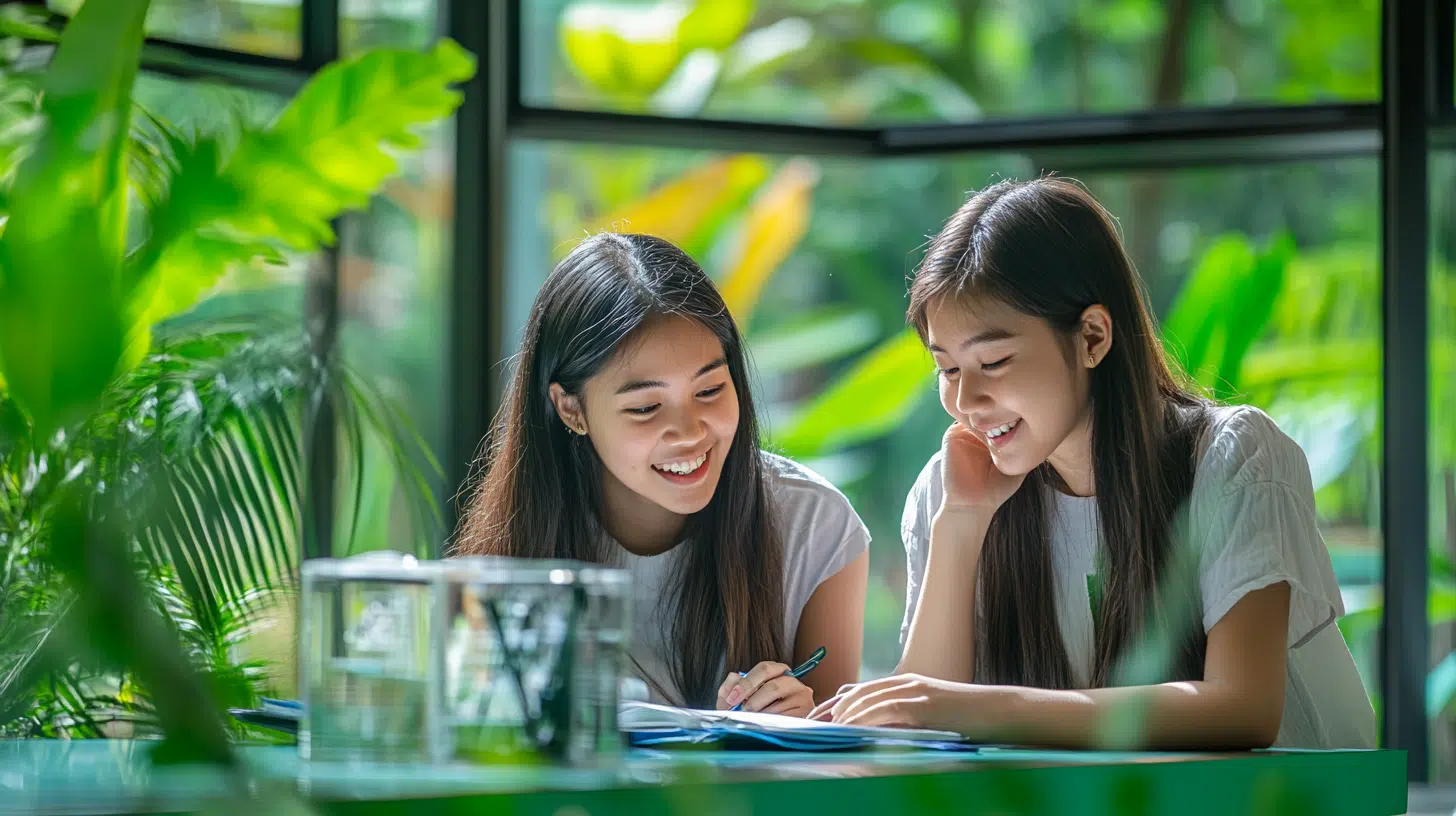 Two young women sitting at a table, smiling and studying together in a bright room with large windows and lush green plants in the background.