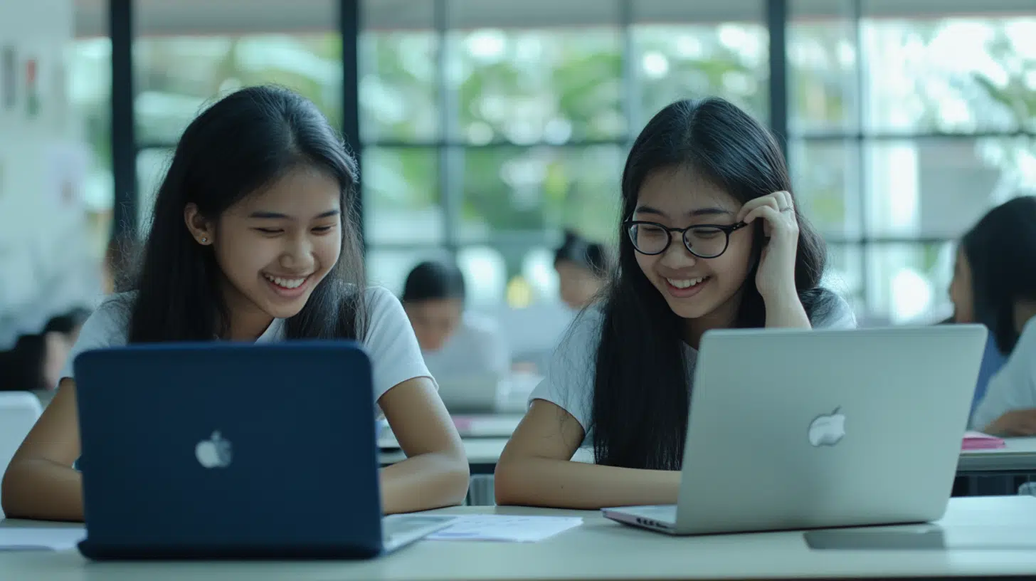 Two students sit side by side at a desk, each using a laptop, smiling as they work together in a classroom with other students in the background.