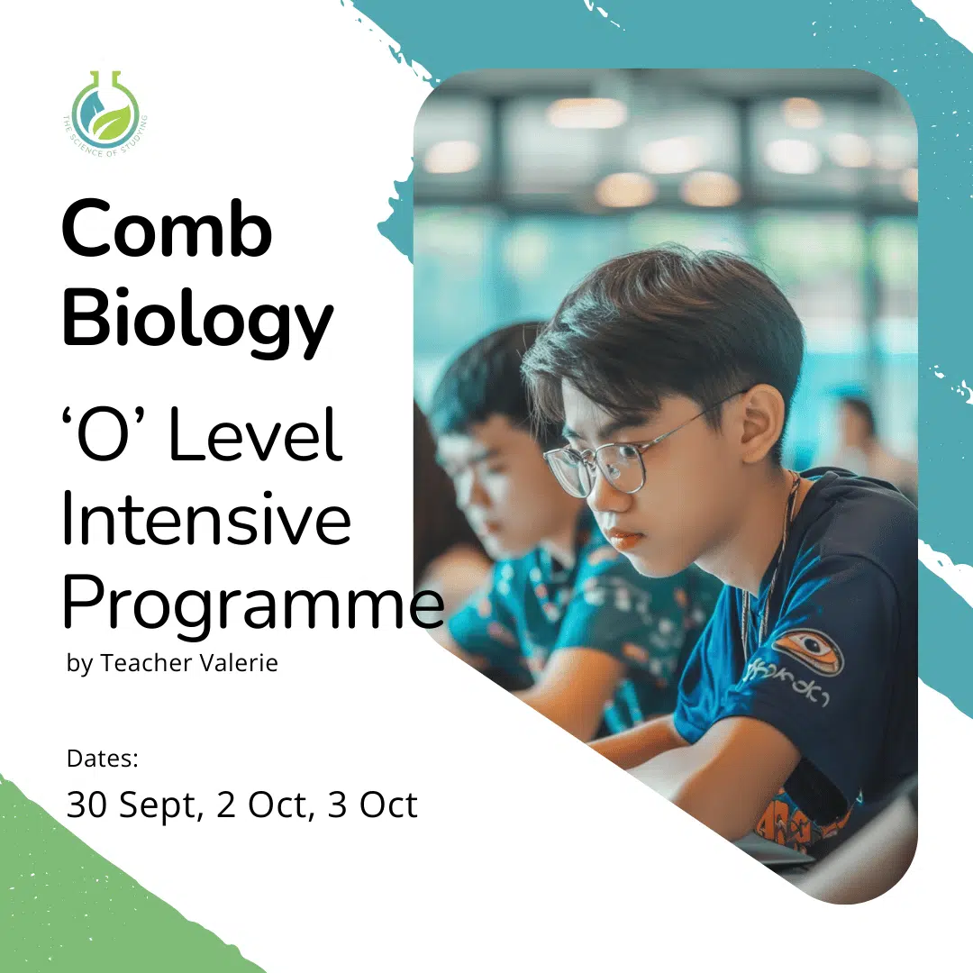 A teenage boy writing at his desk in class during the "Sec 3, Sec 4 Combined Biology June Intensive Programme" with course details and dates shown on the left.