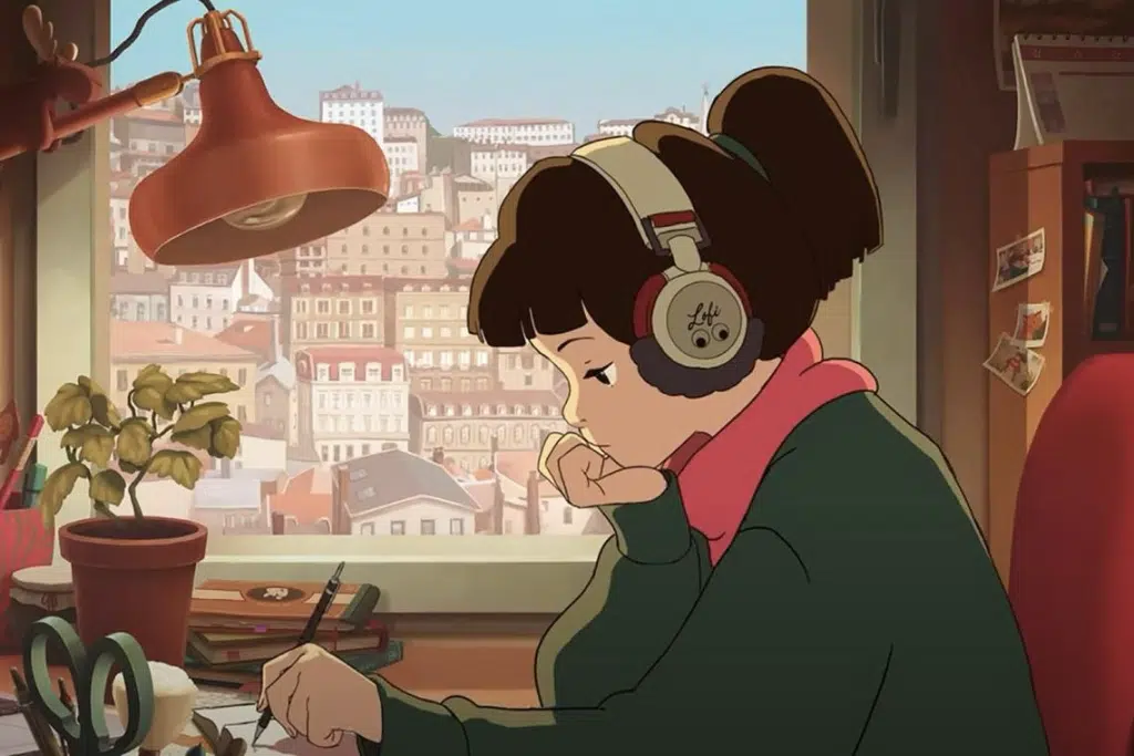 Animated young woman with dark hair and headphones sits at a desk, writing in a notebook, with a cityscape visible through the window behind her.