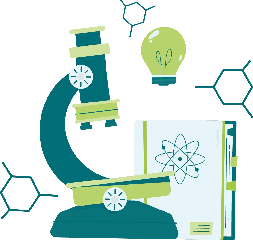 Illustration of Science Tuition: a microscope, a book with an atomic symbol, and a glowing light bulb, set against hexagonal chemical structures in the background.