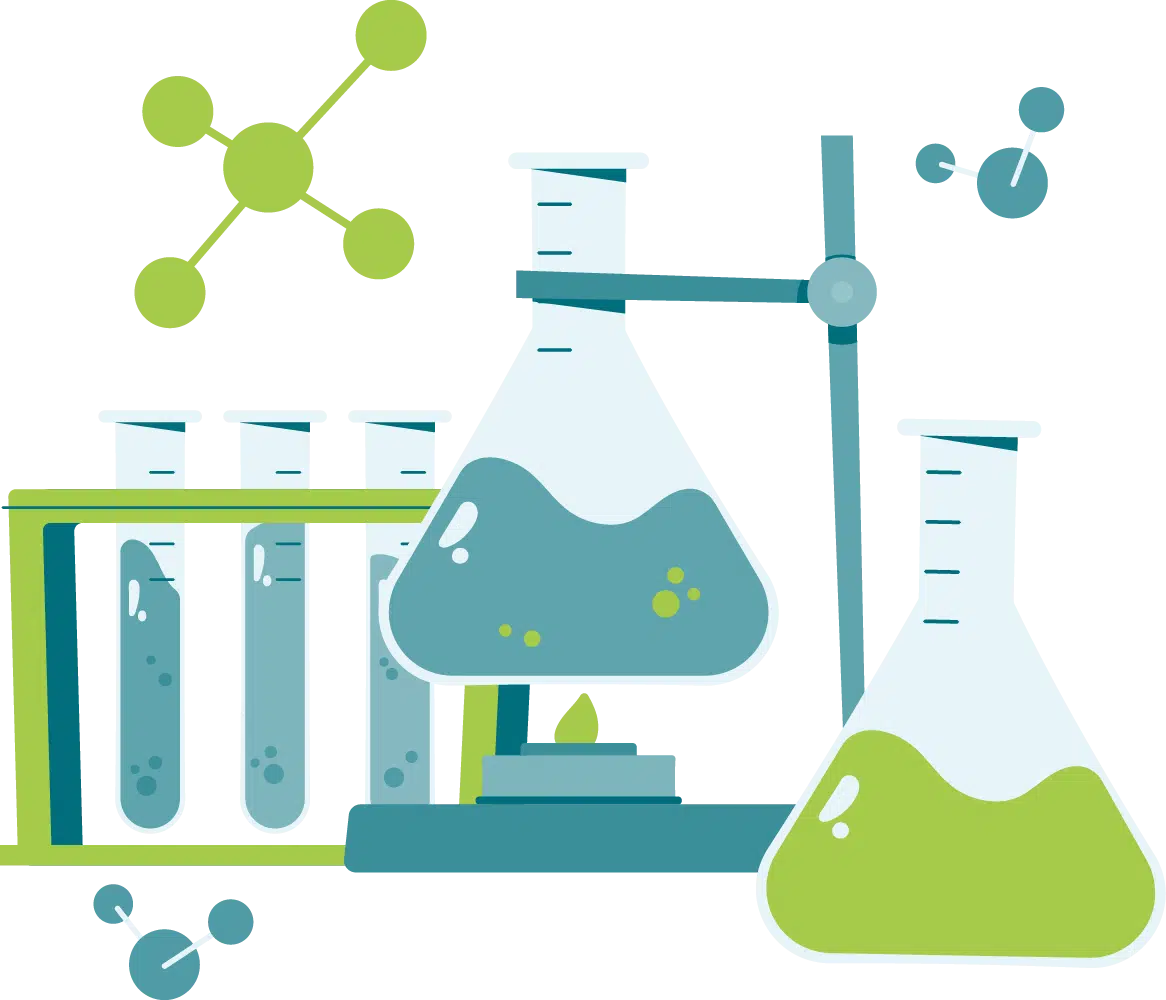 Illustration of laboratory glassware, including test tubes, two flasks with colored liquids, a test tube rack, and molecular structures in the background—perfect for promoting Science Tuition sessions.