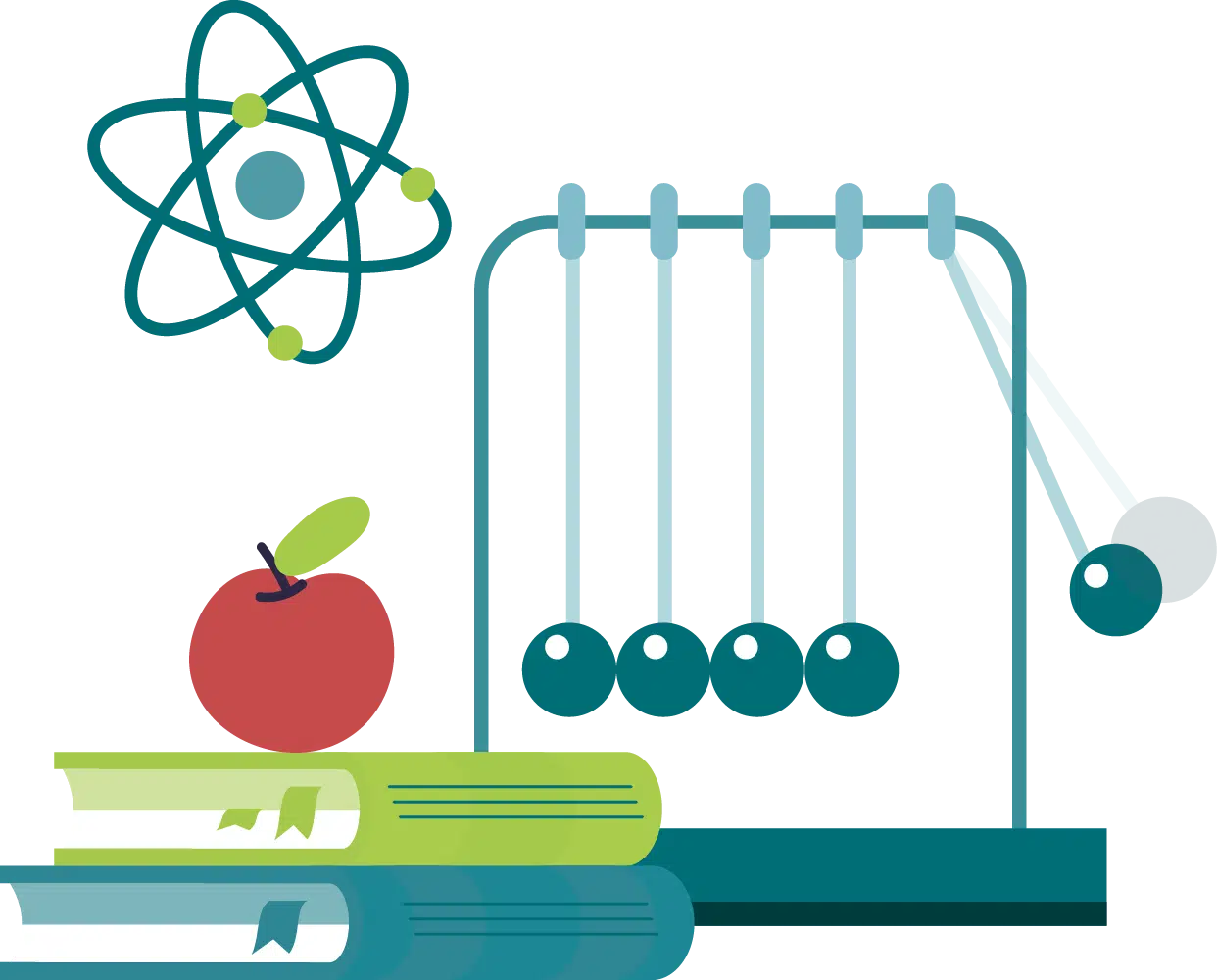 Illustration of Newton’s cradle in motion, an apple on two stacked books, and an atomic model above, representing science, education concepts, and Chemistry Tuition.