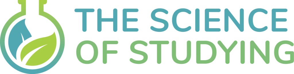 A round flask with a leaf inside next to the text "THE SCIENCE OF STUDYING" in blue and green gradient lettering.