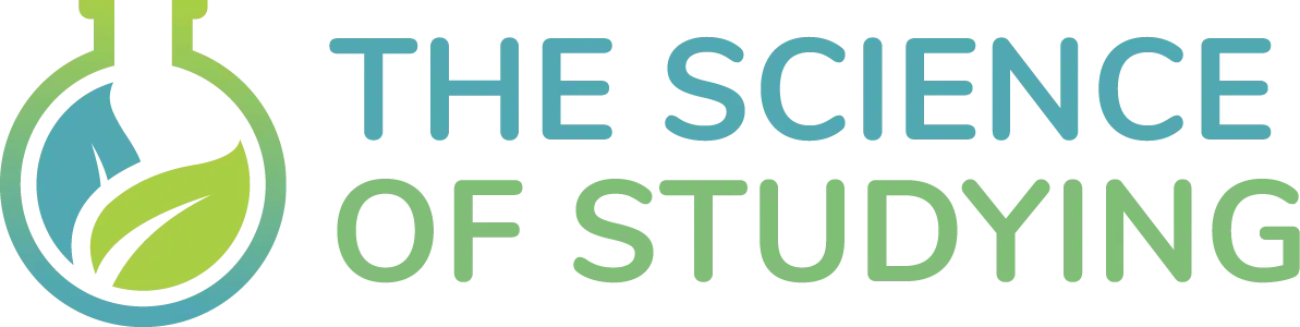 A round flask with a leaf inside next to the text "THE SCIENCE OF STUDYING" in blue and green gradient lettering.