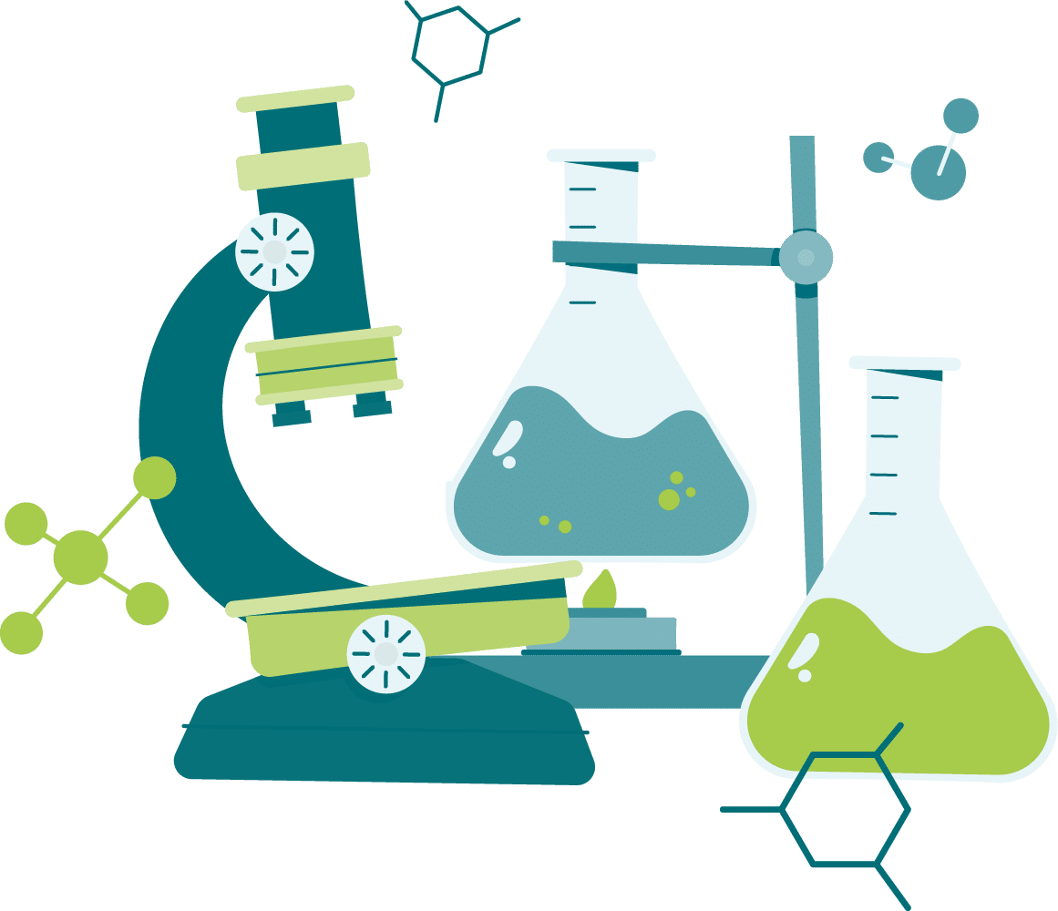 Illustration of a microscope next to two laboratory flasks filled with liquid, with chemical structure symbols in the background—perfect for representing combined science tuition.