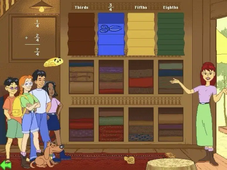 Four children and a dog stand in a fabric shop, looking at a woman who gestures toward shelves displaying cloth divided into thirds, fourths, fifths, and eighths.
