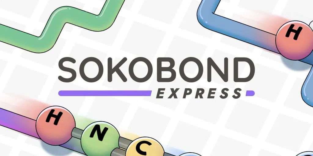 Sokobond Express logo with colorful, interconnected atoms labeled H, N, and C on a light grid background.
