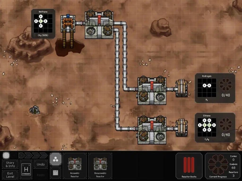 A game interface shows a chemical processing factory on a brown grid, with pipes connecting reactors producing ethylene and hydrogen from methane.