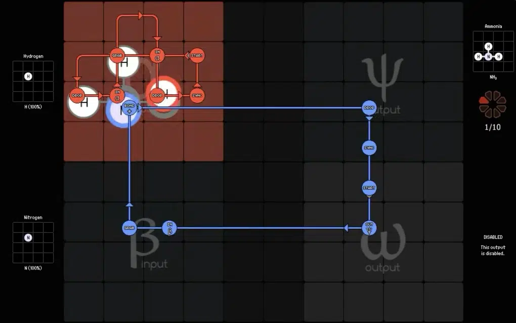 A screenshot from the game SpaceChem shows red and blue reactor tracks with molecules and command nodes positioned on a grid, indicating chemical processing pathways.