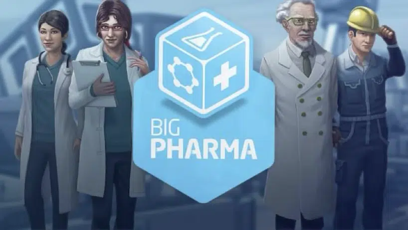 Four illustrated characters—a doctor, a scientist, an older researcher, and a construction worker—stand behind a blue "Big Pharma" logo with medical and chemical symbols.