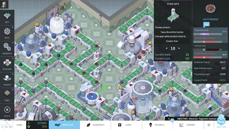 A factory production line simulation with conveyor belts, machines, and interface panels displaying product statistics and profit details.