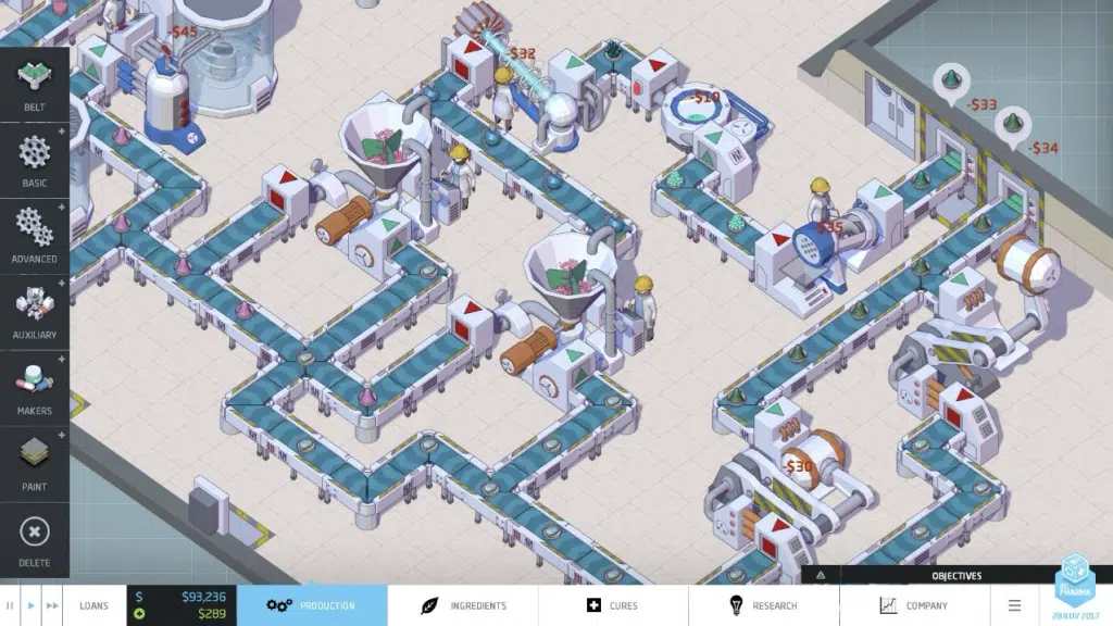 A conveyor belt system moves colorful ingredients through various processing machines in a factory-like setting, with a user interface and controls visible at the bottom.