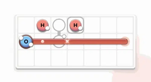 A digital animation shows two hydrogen atoms and one oxygen atom combining to form a water molecule on a white grid background.