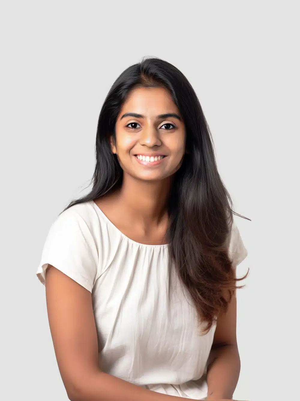 A woman with long dark hair, wearing a short-sleeved white top, smiles while sitting against a plain light gray background, radiating confidence often seen in Science Tuition success stories.