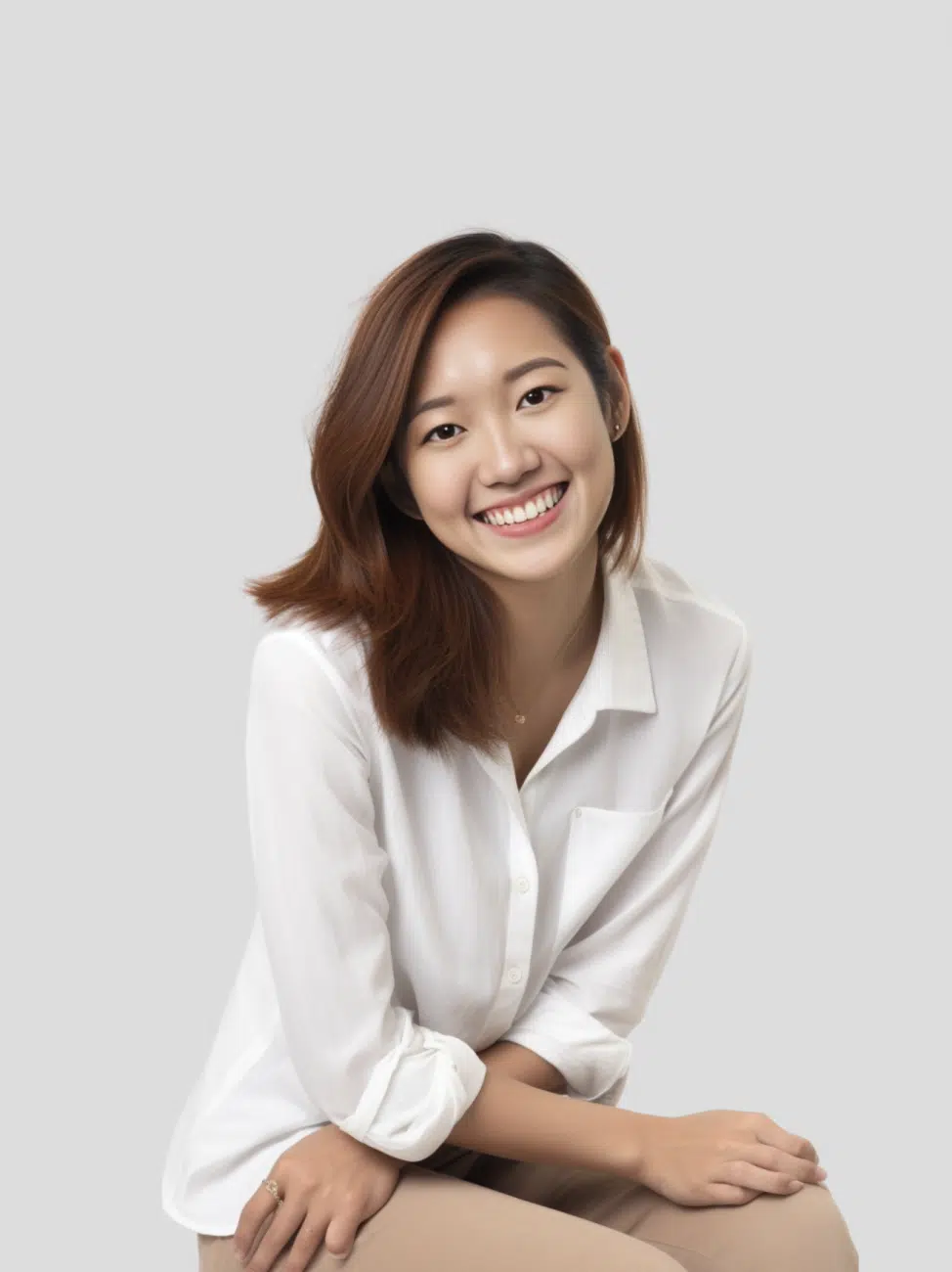 A young woman with shoulder-length brown hair, wearing a white button-up shirt and beige pants, sits smiling against a plain light gray background.