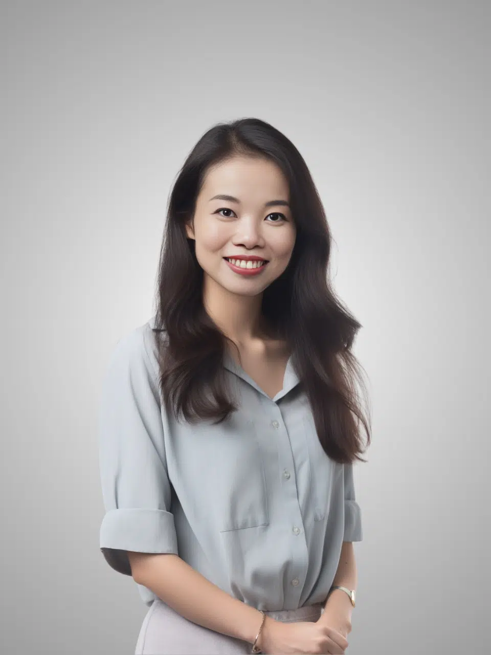 A woman with long dark hair, wearing a light blue button-up shirt, stands smiling against a plain, light gray background.