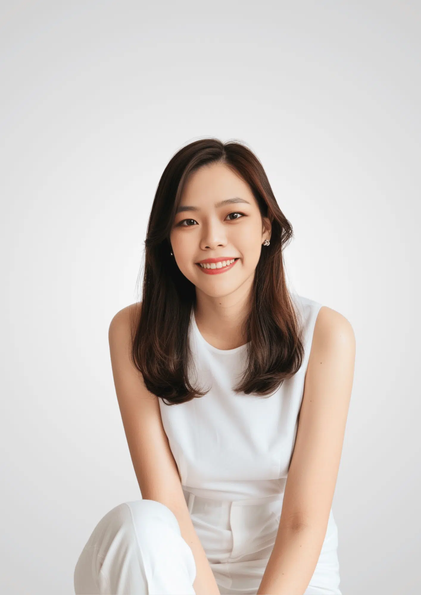 A young woman with long brown hair, wearing a sleeveless white top and white pants, sits and smiles against a plain light gray background.