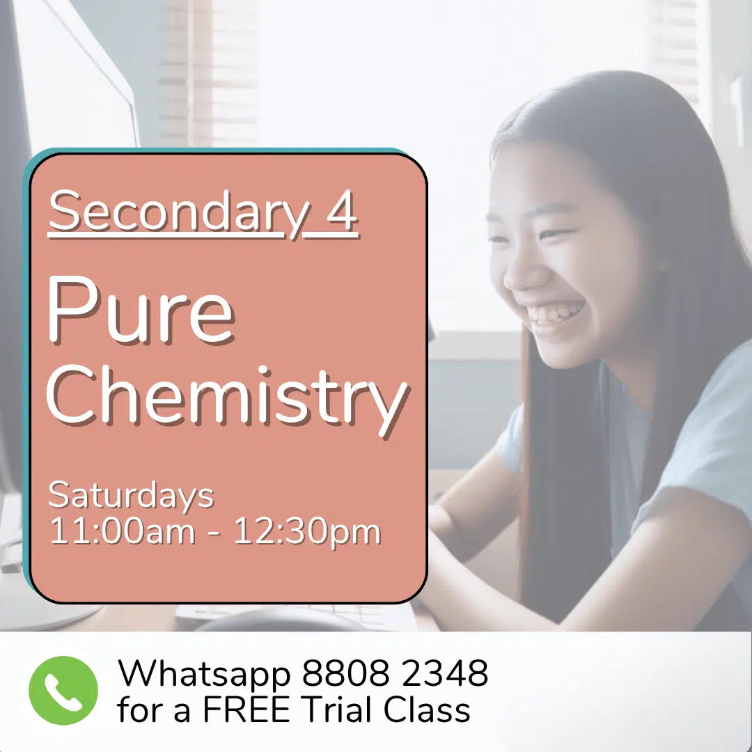 A teenage girl smiles at a desk with a laptop. Join our Sec 3 (2025) Pure Chemistry class every Saturday, 11:00am–12:30pm. WhatsApp us for a free trial!.
