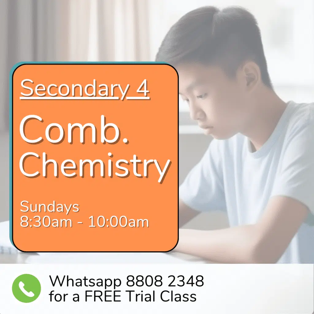 A student studies with a text overlay promoting the Sec 3 (2025) Comb Chemistry class, held Sundays 8:30am–10:00am. WhatsApp us to book your free trial class!.