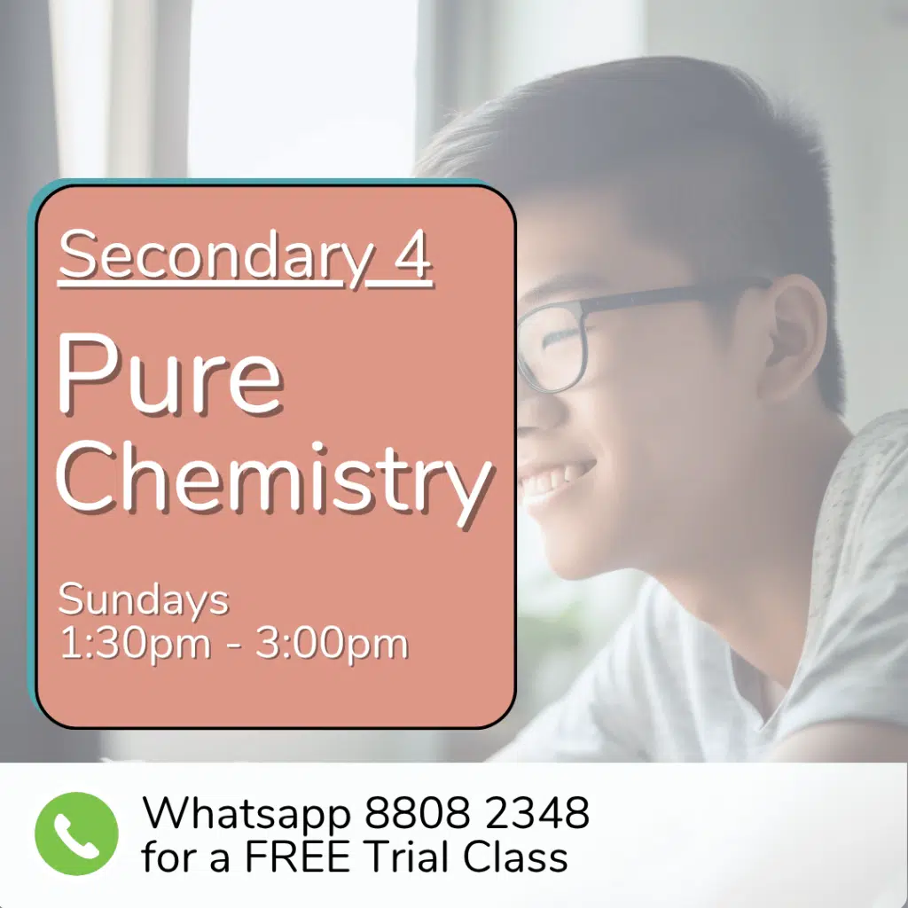 A student smiles next to a banner promoting Sec 3 (2025) Pure Chemistry classes on Sundays, 1:30pm–3:00pm, with a WhatsApp number for a free trial class.
