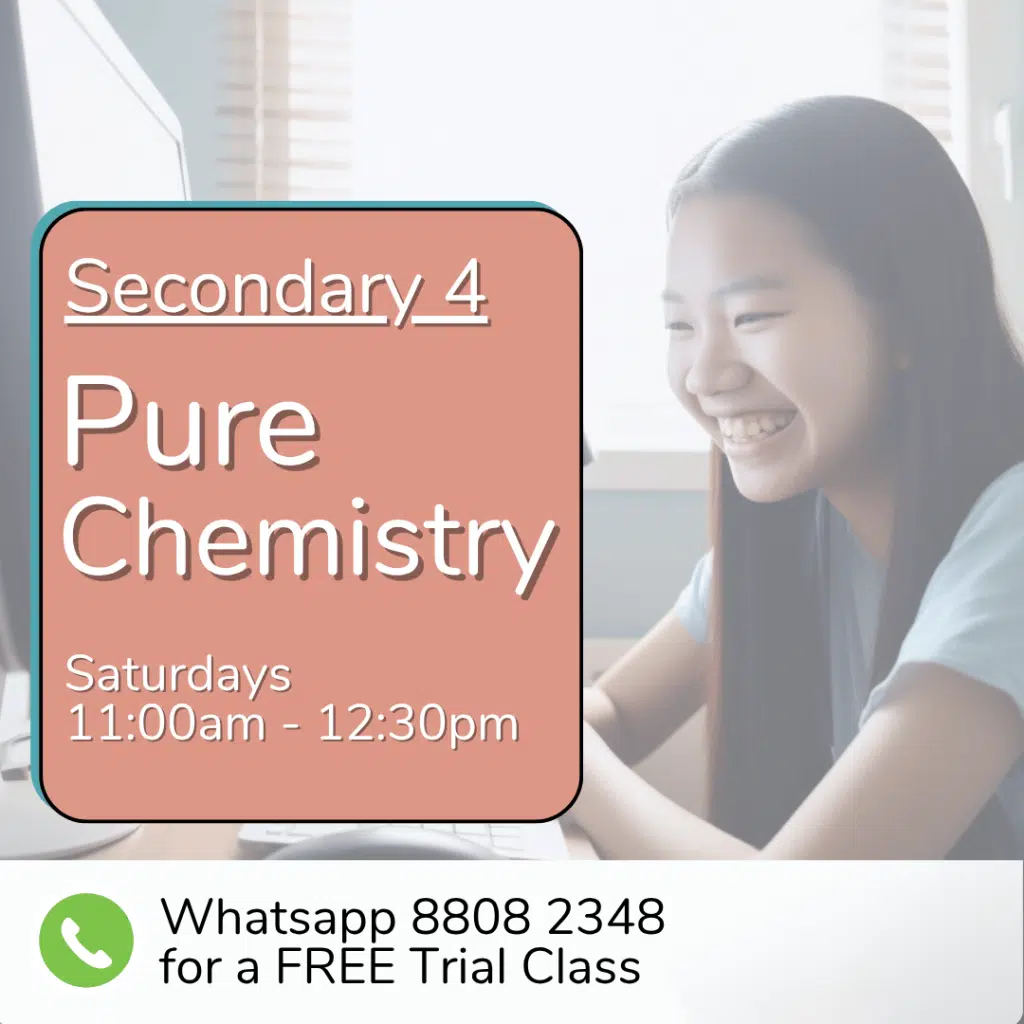 A teenage girl smiles at a desk with a laptop. Join our Sec 3 (2025) Pure Chemistry class every Saturday, 11:00am–12:30pm. WhatsApp us for a free trial!.