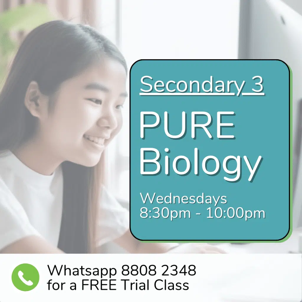 A student sits at a desk with text promoting Sec 4 (2025) Pure Biology classes on Wednesdays, 8:30pm–10:00pm, plus a WhatsApp number for a free trial class.