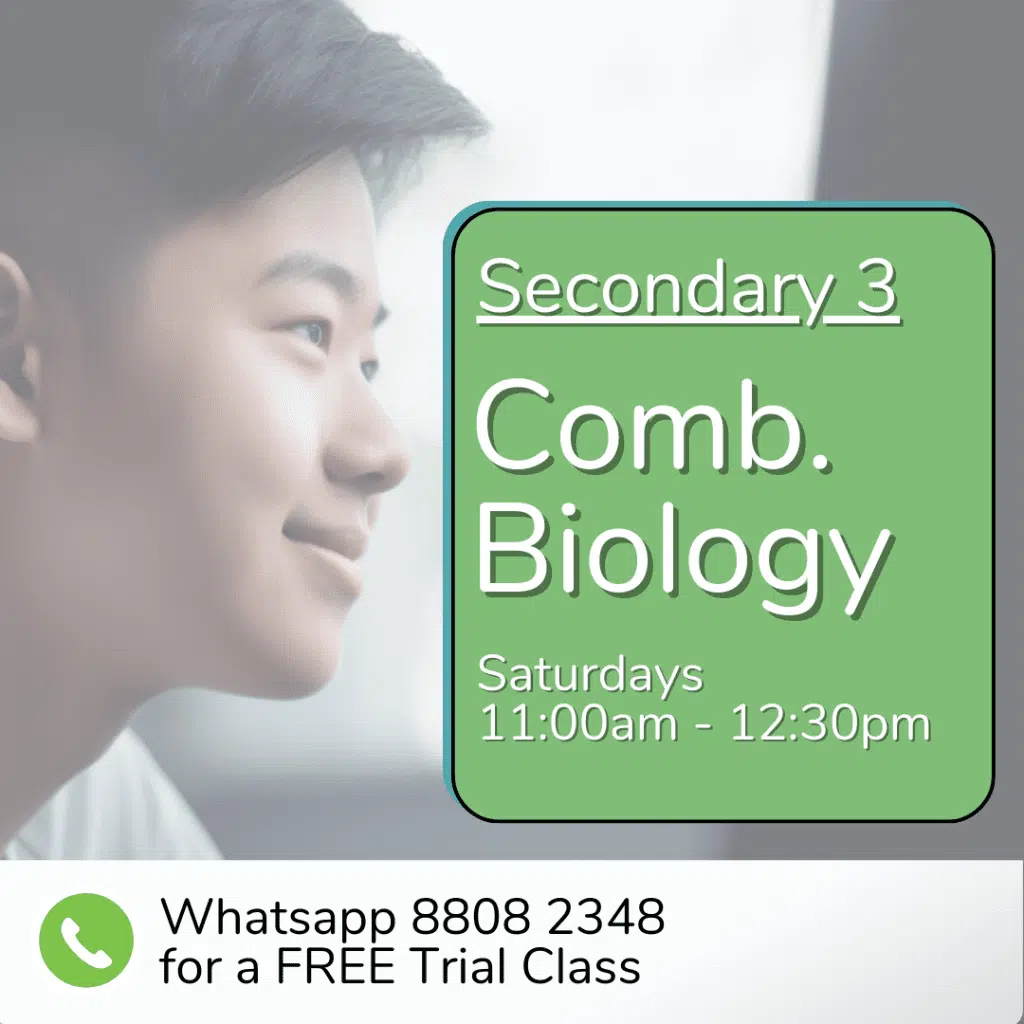A student looks to the side; text reads "Sec 4 (2025) Comb Biology, Saturdays 11:00am - 12:30pm. Whatsapp 8808 2348 for a free trial class.