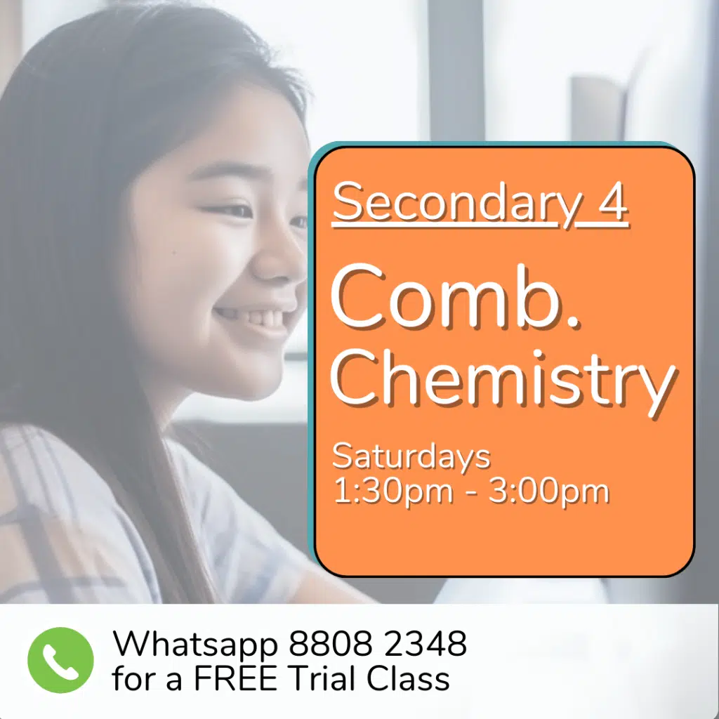 A girl smiles at a computer. Text overlay promotes Sec 4 (2025) Comb Chemistry, Saturdays 1:30–3:00pm. WhatsApp for a free trial.