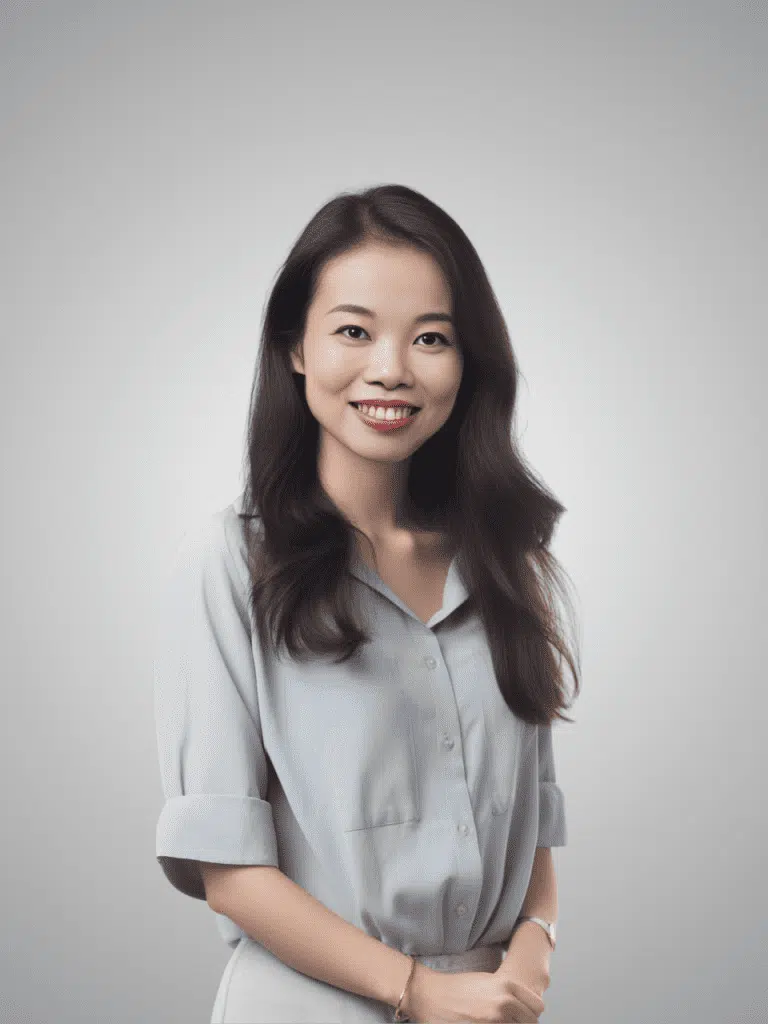 A woman with long dark hair, wearing a light blue button-up shirt, stands smiling against a plain, light gray background.