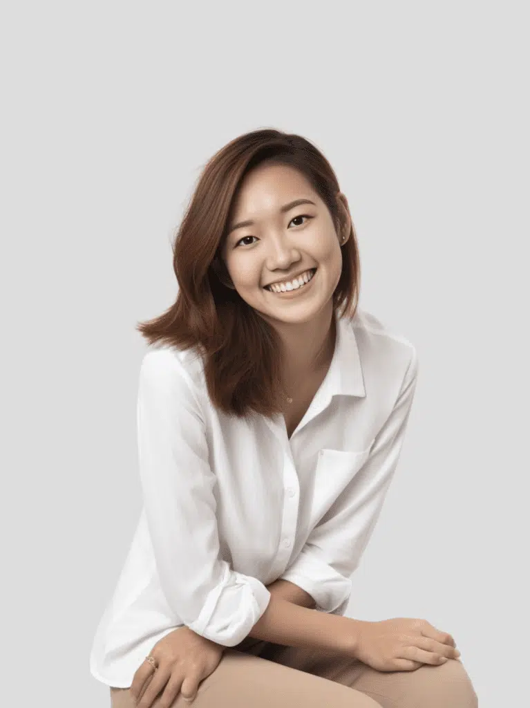 A young woman with shoulder-length brown hair, wearing a white button-up shirt and beige pants, sits smiling against a plain light gray background.