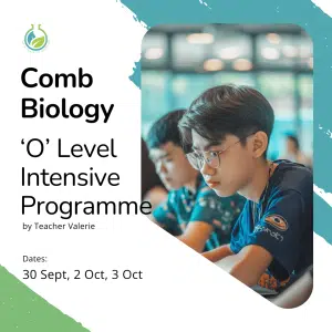A teenage boy writing at his desk in class during the "Sec 3, Sec 4 Combined Biology June Intensive Programme" with course details and dates shown on the left.