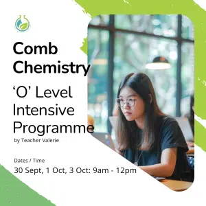 A young woman studies at a table with a laptop. Text promotes the Sec 3, Sec 4 Combined Chemistry October Intensive Programme, including course dates and times.