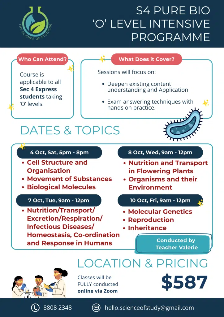 Informational flyer for Sec 3, Sec 4 Pure Biology October Intensive Programme with course topics, dates, pricing ($587), and contact info. Classes are conducted online via Zoom.