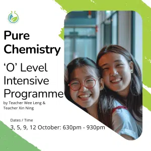 Two smiling students pose indoors beside details for the Sec 3, Sec 4 Pure Chemistry October Intensive Programme, led by Teachers Wee Leng and Xin Ning.