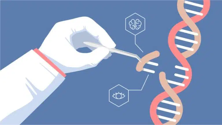 Illustration of a gloved hand using tweezers to edit a DNA strand, with the periodic table subtly in the background and icons of a brain and an eye, highlighting genetic modification linked to cognitive and visual traits.