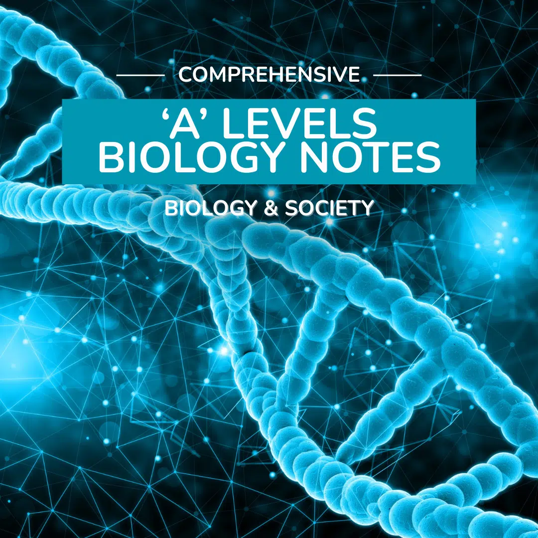 Blue digital graphic showing DNA strands with the text "Comprehensive 'A' Levels Biology Notes: Biology & Society" in the center.