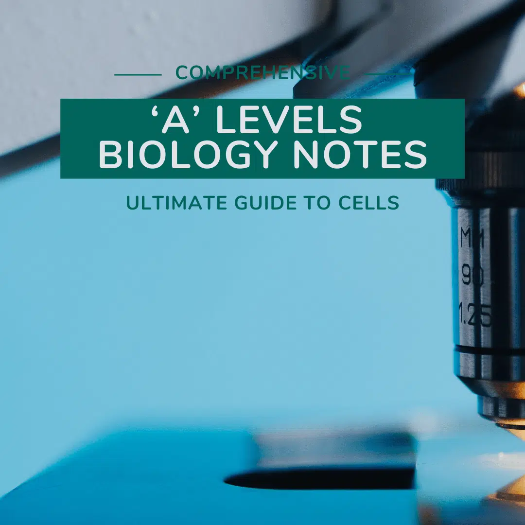 Close-up of a microscope with text overlay reading "Comprehensive 'A' Levels Biology Notes: Ultimate Guide to Cells" on a blue background.