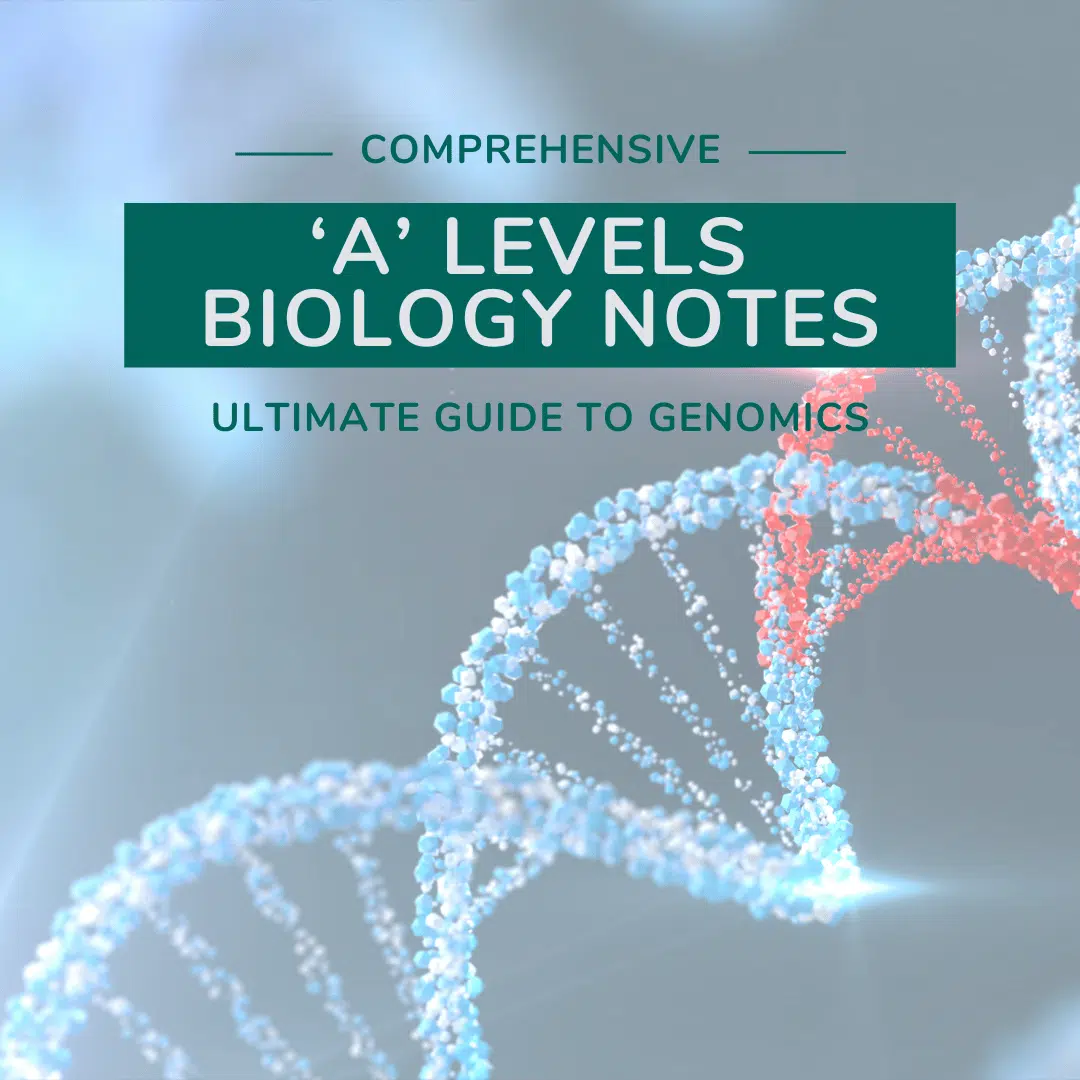 Cover image featuring DNA strands and the text: "Comprehensive 'A' Levels Biology Notes - Ultimate Guide to Genomics" on a blue background.