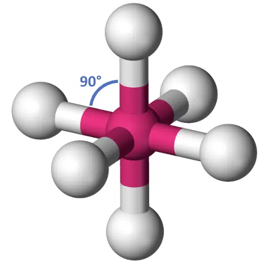 Ball-and-stick model of an octahedral molecule, showing a central atom bonded to six surrounding atoms at 90-degree angles.