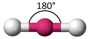 Ball-and-stick model of a linear molecule with three atoms, showing a bond angle of 180 degrees.
