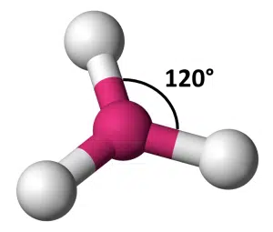 Ball-and-stick model of a molecule with a central atom bonded to three others at 120-degree angles, illustrating a trigonal planar geometry.