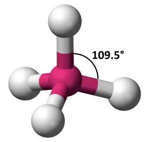 Ball-and-stick model of a methane molecule with four white spheres as hydrogen atoms, a central pink sphere as carbon, and a bond angle labeled as 109.5 degrees.