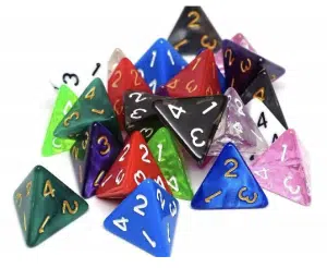 A scattered pile of colorful four-sided dice, each with numbers 1 to 4 visible on their triangular faces.