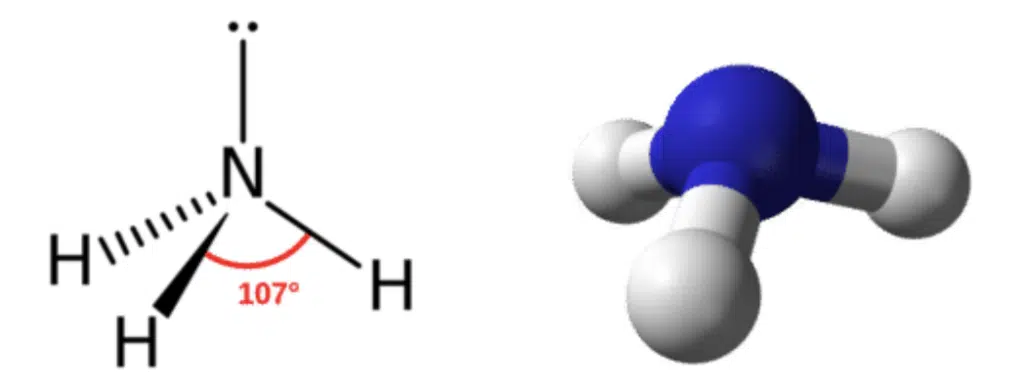 Diagram and 3D model of an ammonia (NH3) molecule, showing nitrogen bonded to three hydrogens with a 107° bond angle.