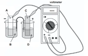 Diagram showing a voltmeter connected to two beakers with solutions, linked by a salt bridge; labeled electrodes A (–) and C (+), and solutions B and D.